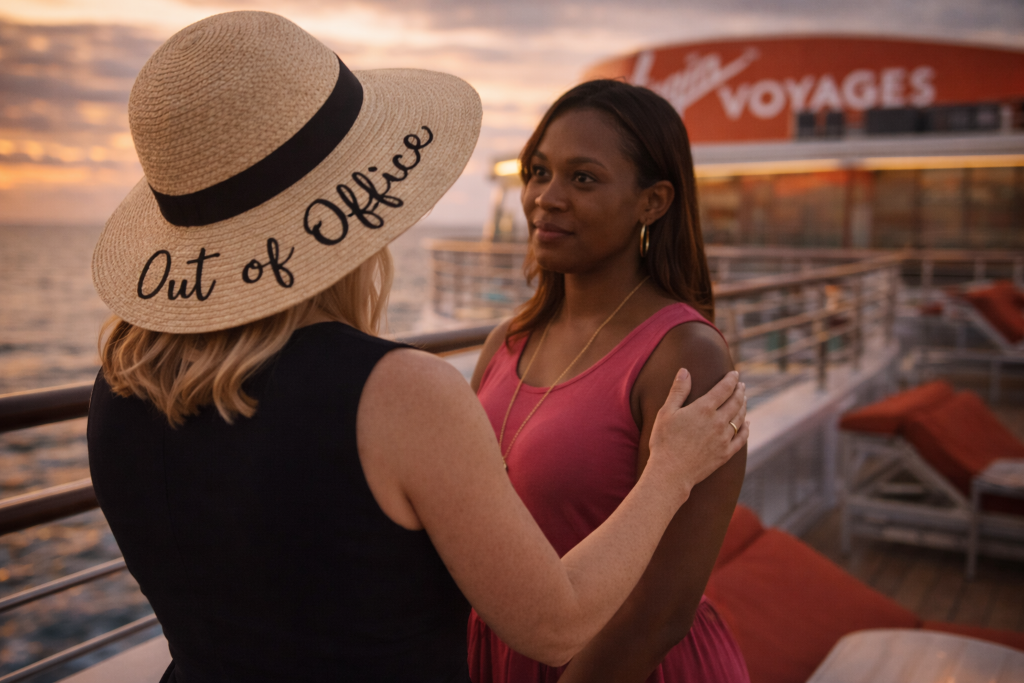 Executive leaders networking at sunset on Virgin Voyages SAIL leadership retreat