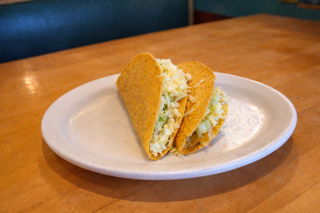 Crunchy corn tortilla tacos with beef, lettuce and cheese
