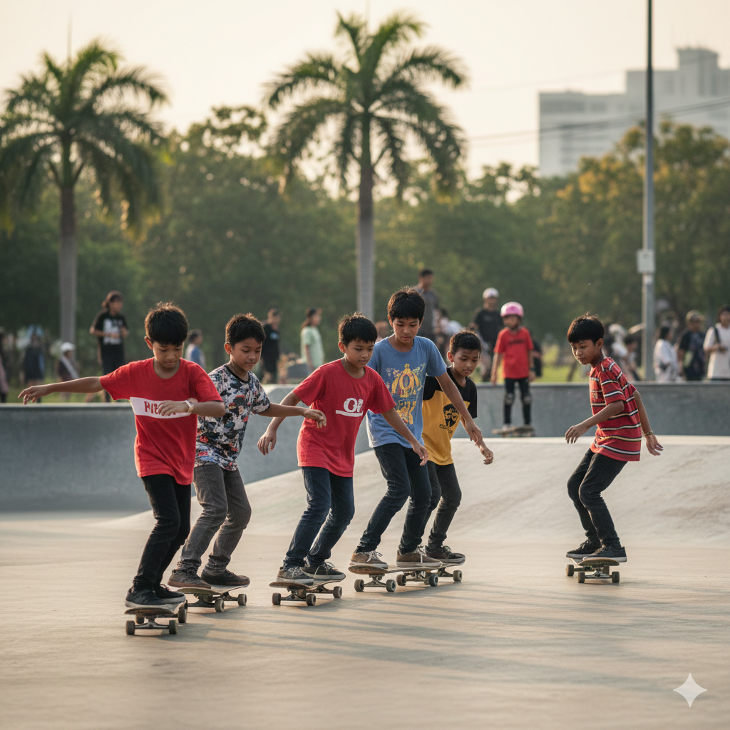 SkateCube Kids session with youth participants learning skateboarding