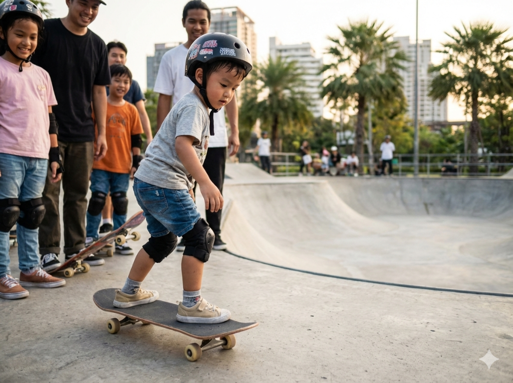 Young person skateboarding in urban environment, demonstrating need for creative outlets