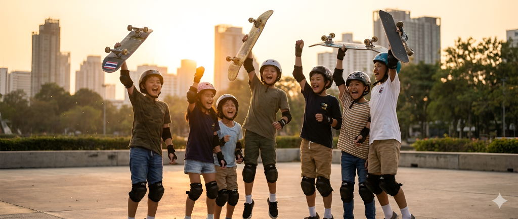 Youth skateboarding in urban skatepark - Building confidence through movement and community