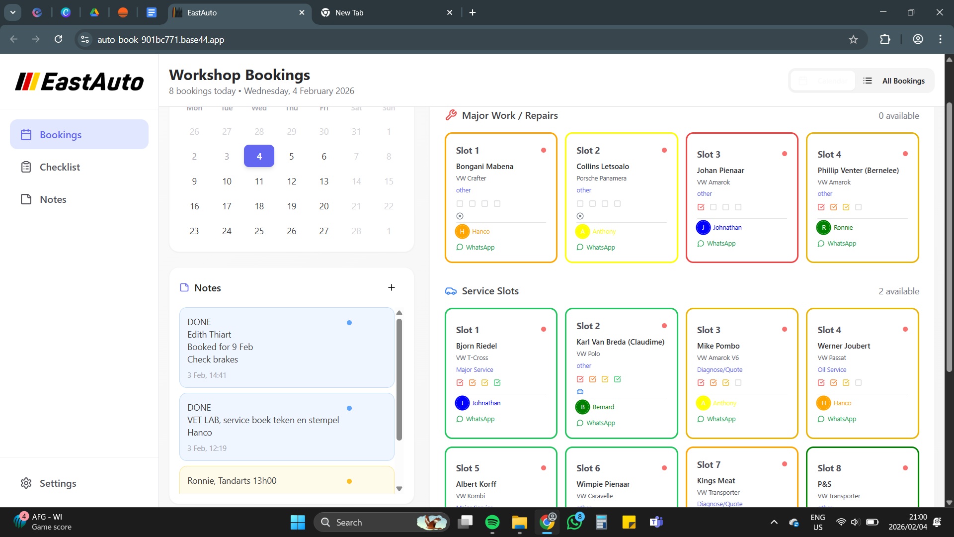 EastAuto Workshop Bookings template preview
