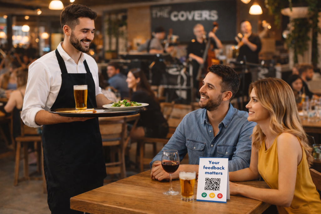 Happy restaurant staff using QR code feedback system to improve team satisfaction