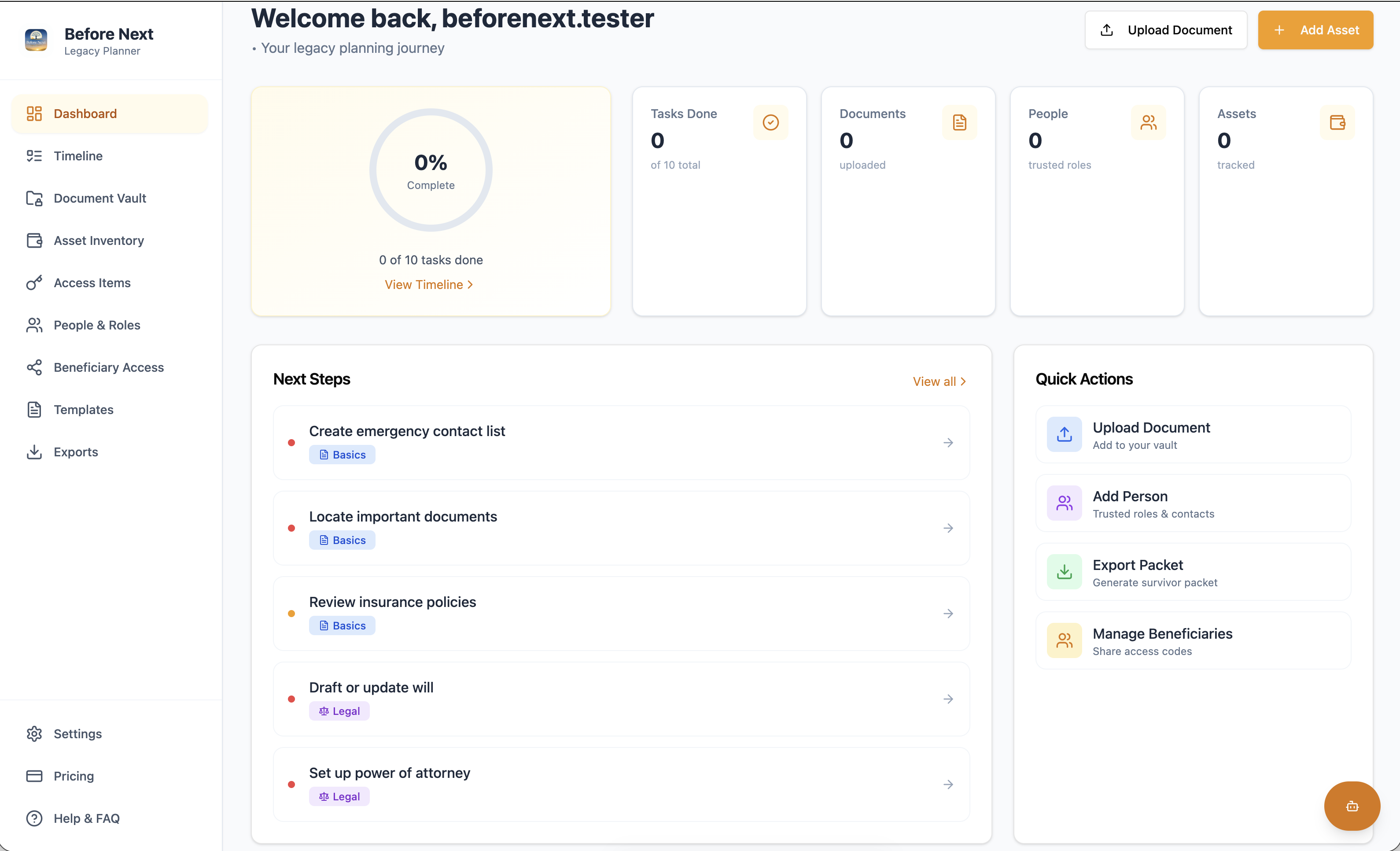 Before Next - Legacy Planner template preview