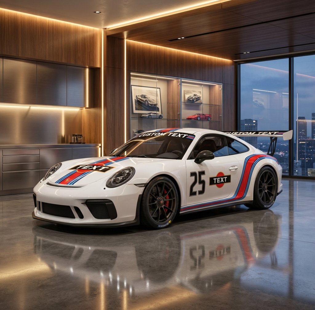 Porsche 911 Carrera Curved Martini Racing Stripes with Custom Text - Red/White/Blue Gloss