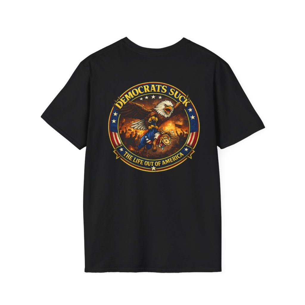 Democrats Suck Political Satire T-Shirt back view - Eagle Carrying Donkey Graphic - Conservative patriotic merchandise by Mickey X3