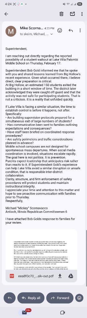 Email to Lake Villa Superintendent, Mayor, and Chief of Police