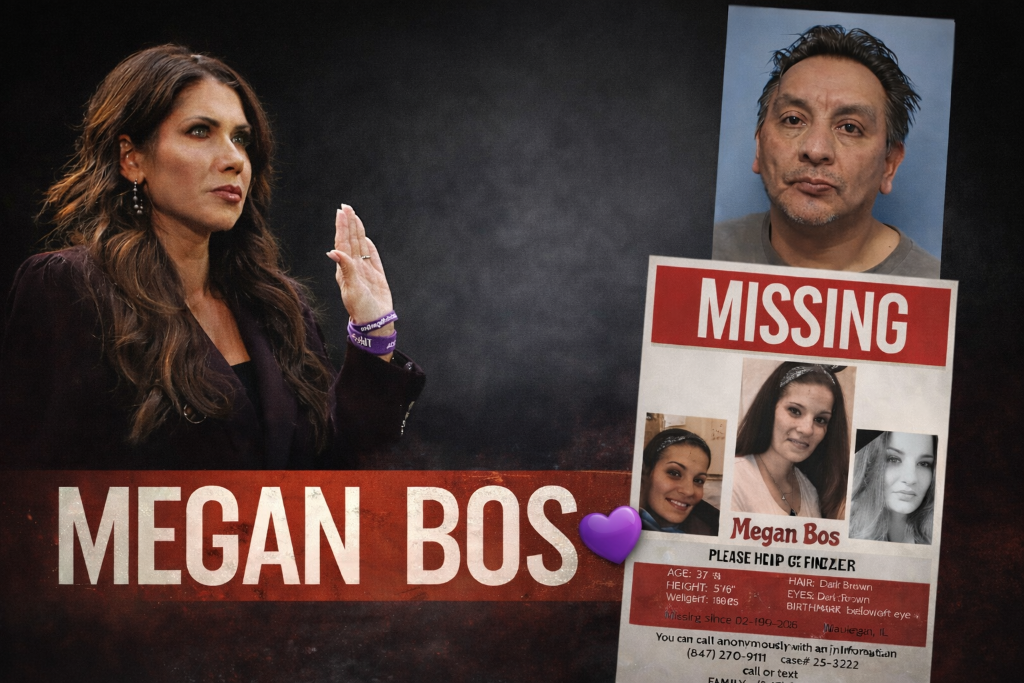 Kristi Noem wearing Megan Bos purple bracelet at Senate hearing with missing person poster for Megan Bos of Antioch Illinois
