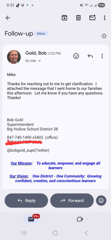 Email from Superintendent Bob Gold responding to Mickey's outreach