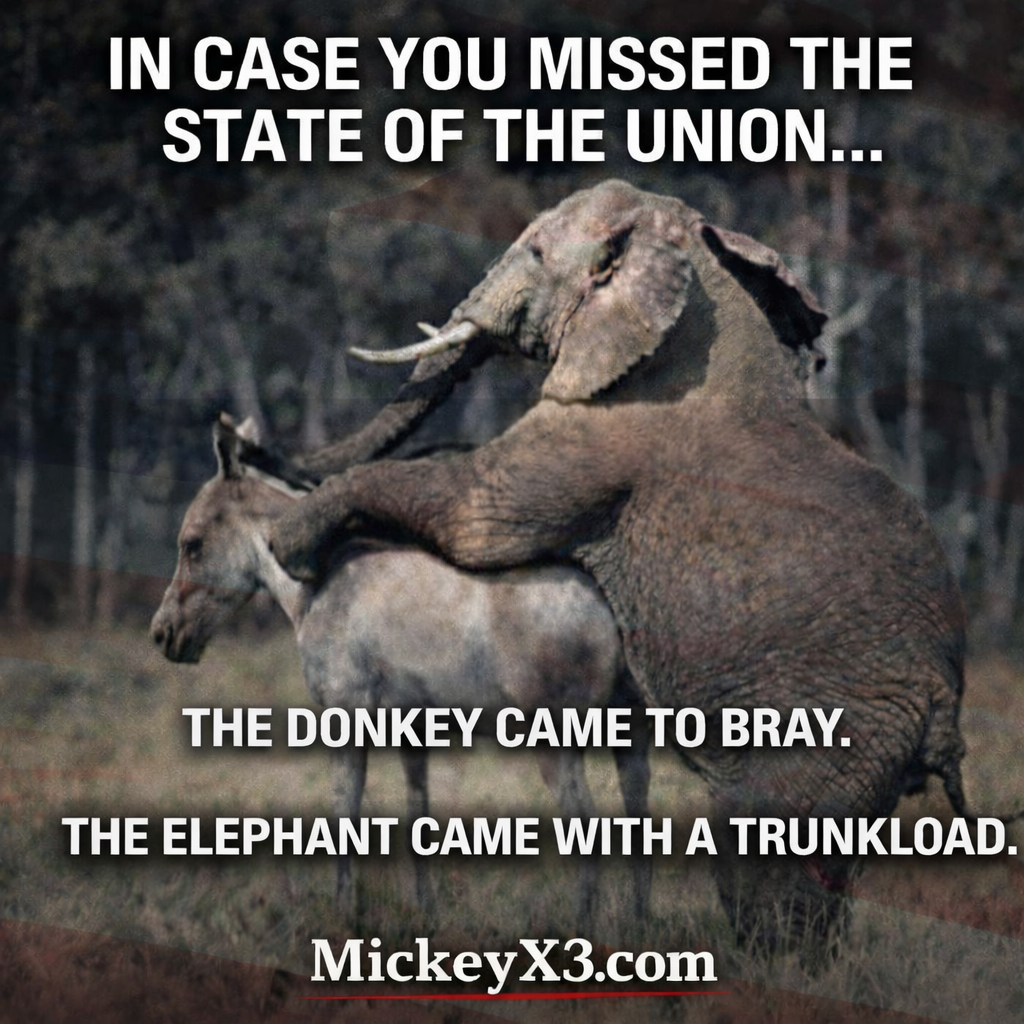 Elephant dominating donkey - State of the Union political satire meme from MickeyX3.com