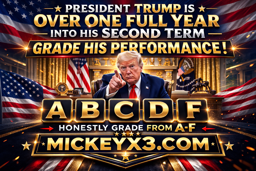 Grade President Trump second term performance A through F - MickeyX3.com political meme