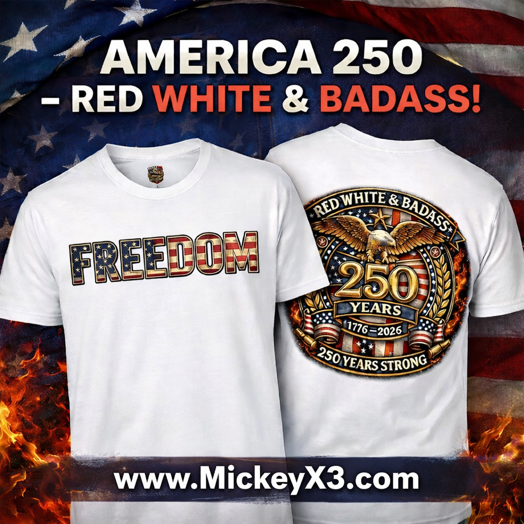 Red White and Badass America 250 Freedom Tee - FREEDOM flag lettering front eagle crest 1776-2026 back