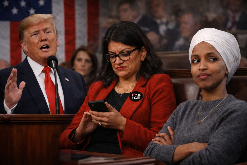 Democrats seated during State of the Union address while a murdered girl's story was told, with a congresswoman wearing a profane anti-ICE pin