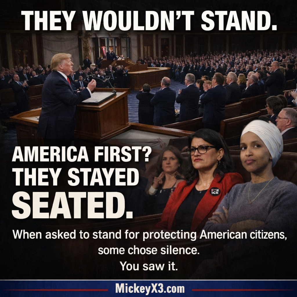 Democrats stayed seated during State of the Union when asked to stand for protecting American citizens - America First meme from MickeyX3.com