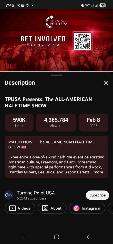 TPUSA All-American Halftime Show — 4.3 million viewers, 590K likes on YouTube