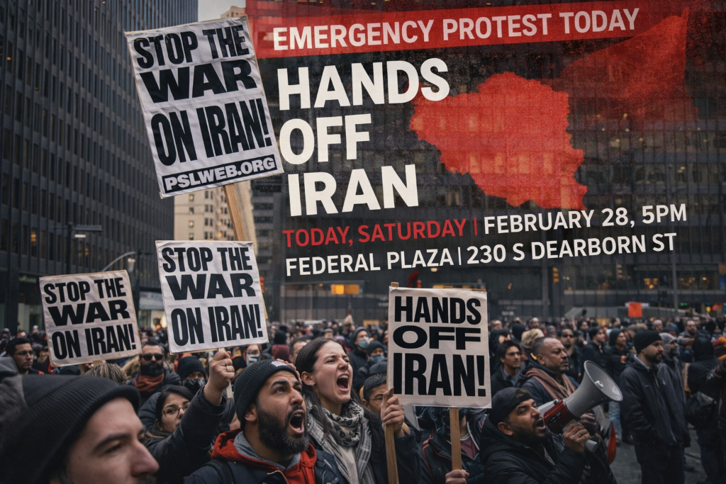 Anti-war protesters at Chicago Federal Plaza holding Stop the War on Iran and Hands Off Iran signs