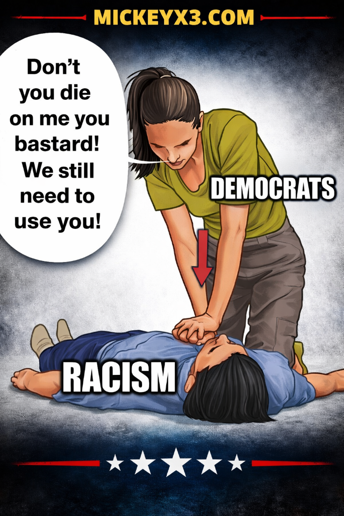 Democrats giving CPR to racism - satirical political meme from MickeyX3.com