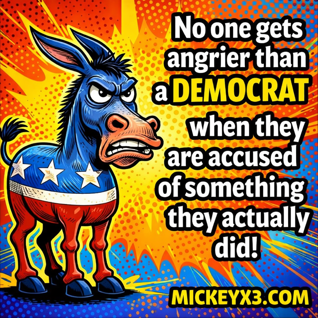 Angry Democrat donkey cartoon - No one gets angrier than a Democrat when accused of something they actually did - MickeyX3.com