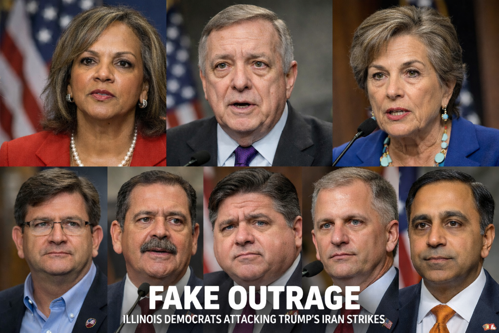 Illinois Democrats fake outrage over Trump Iran strikes - Robin Kelly, Dick Durbin, Jan Schakowsky, Brad Schneider, Chuy Garcia, JB Pritzker, Sean Casten, Raja Krishnamoorthi