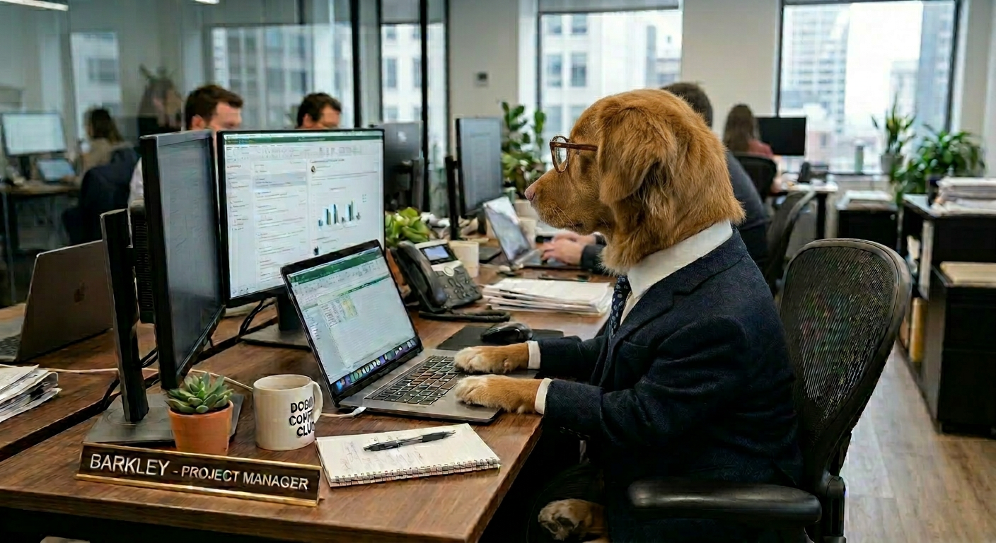 Dog working at desk