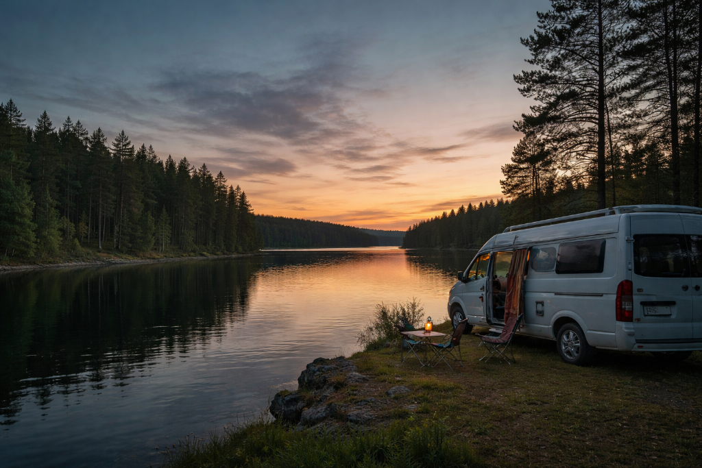 Motorhome at sunset in Finland