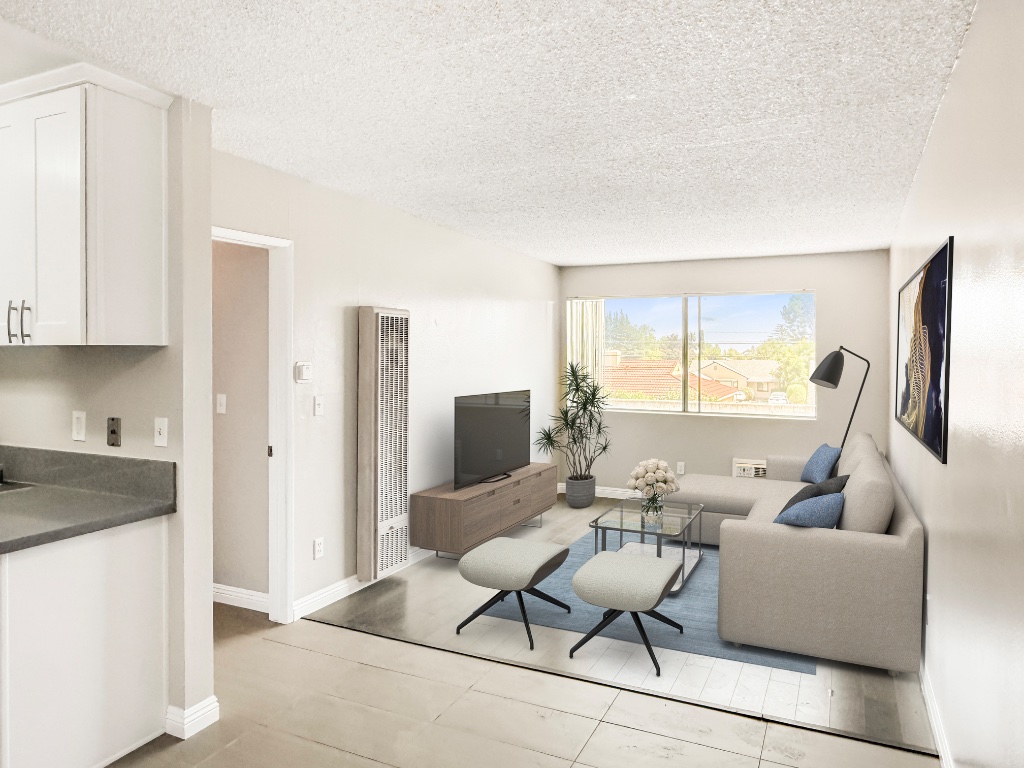 Modern apartment living room with contemporary furniture and bright natural lighting