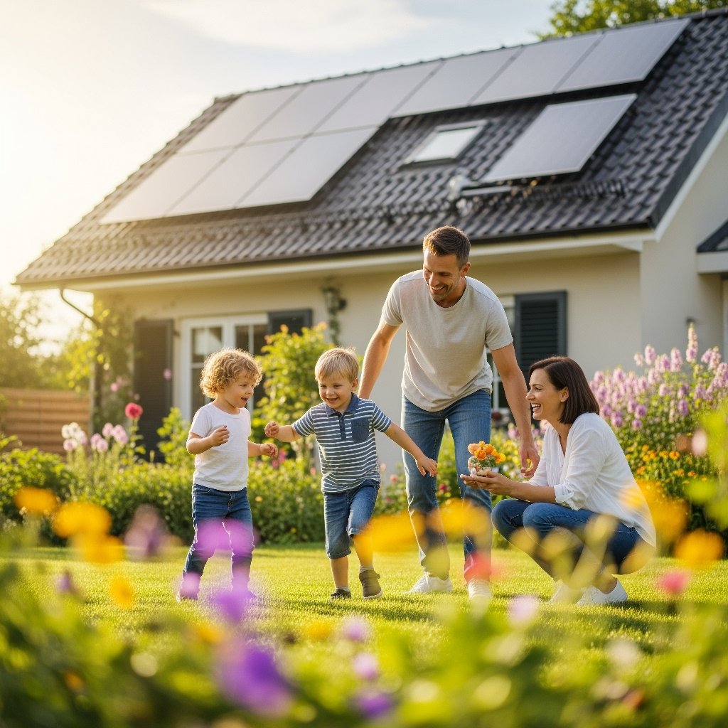 Glückliche Familie mit Photovoltaikanlage auf dem Dach - Solarenergie Salzburg