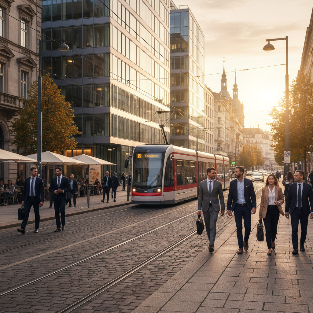 Geschäftsleute in Anzügen gehen eine Straße entlang, während eine Straßenbahn vorbeifährt, bei Sonnenuntergang. Moderne Gebäude im Hintergrund.
