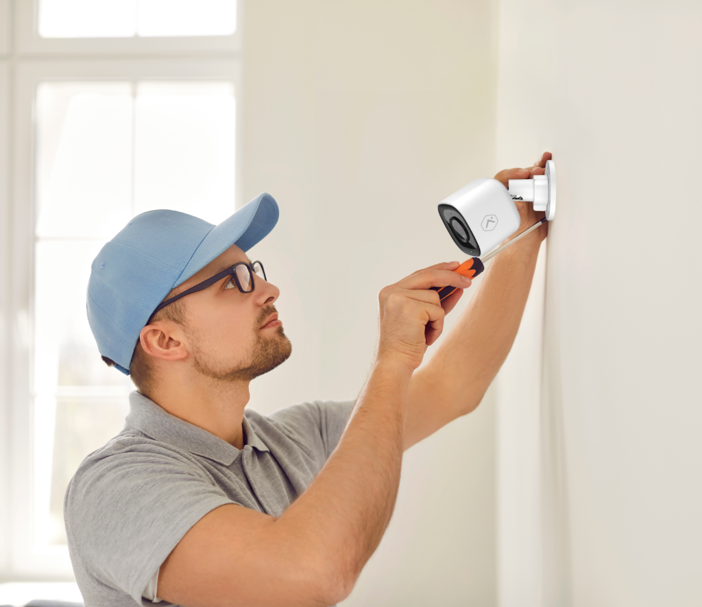 Smart home security technician installing camera