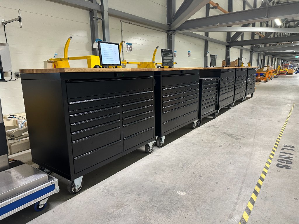 Black tool cabinets in warehouse