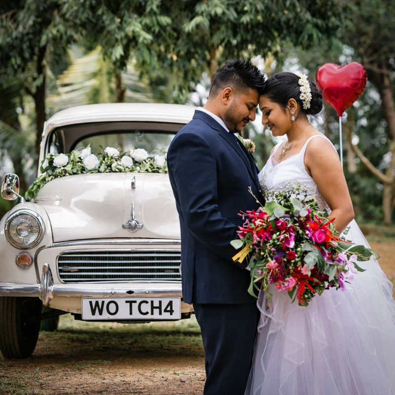 Newlywed couple with vintage Morris Minor getaway car in Northeast Ohio
