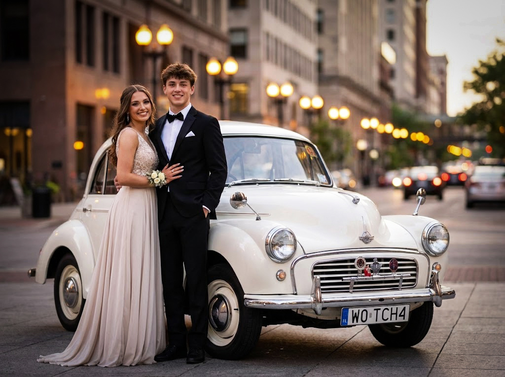 Morris Minor at High School prom photoshoot