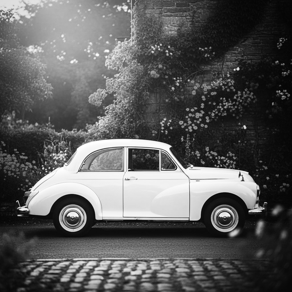 1968 Morris Minor vintage car parked in black and white profile shot