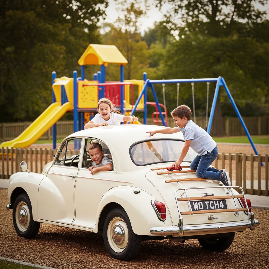 Children enjoy Morris Minor in styled photoshooot