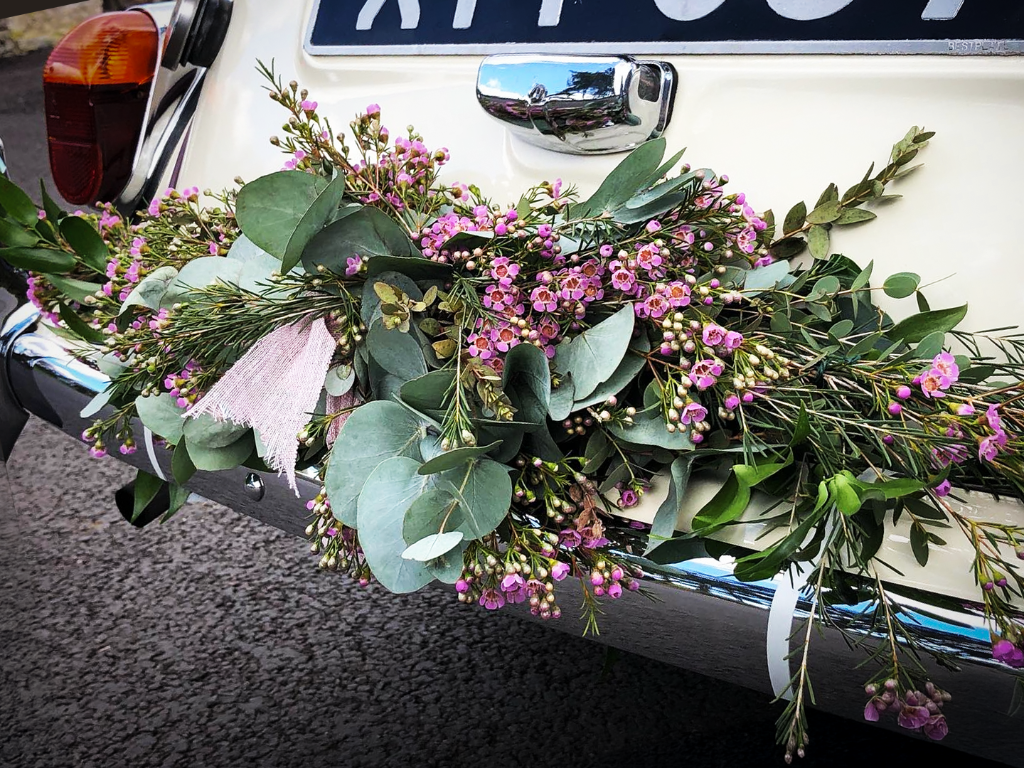 Morris Minor with wedding floral decorations in Chagrin Falls
