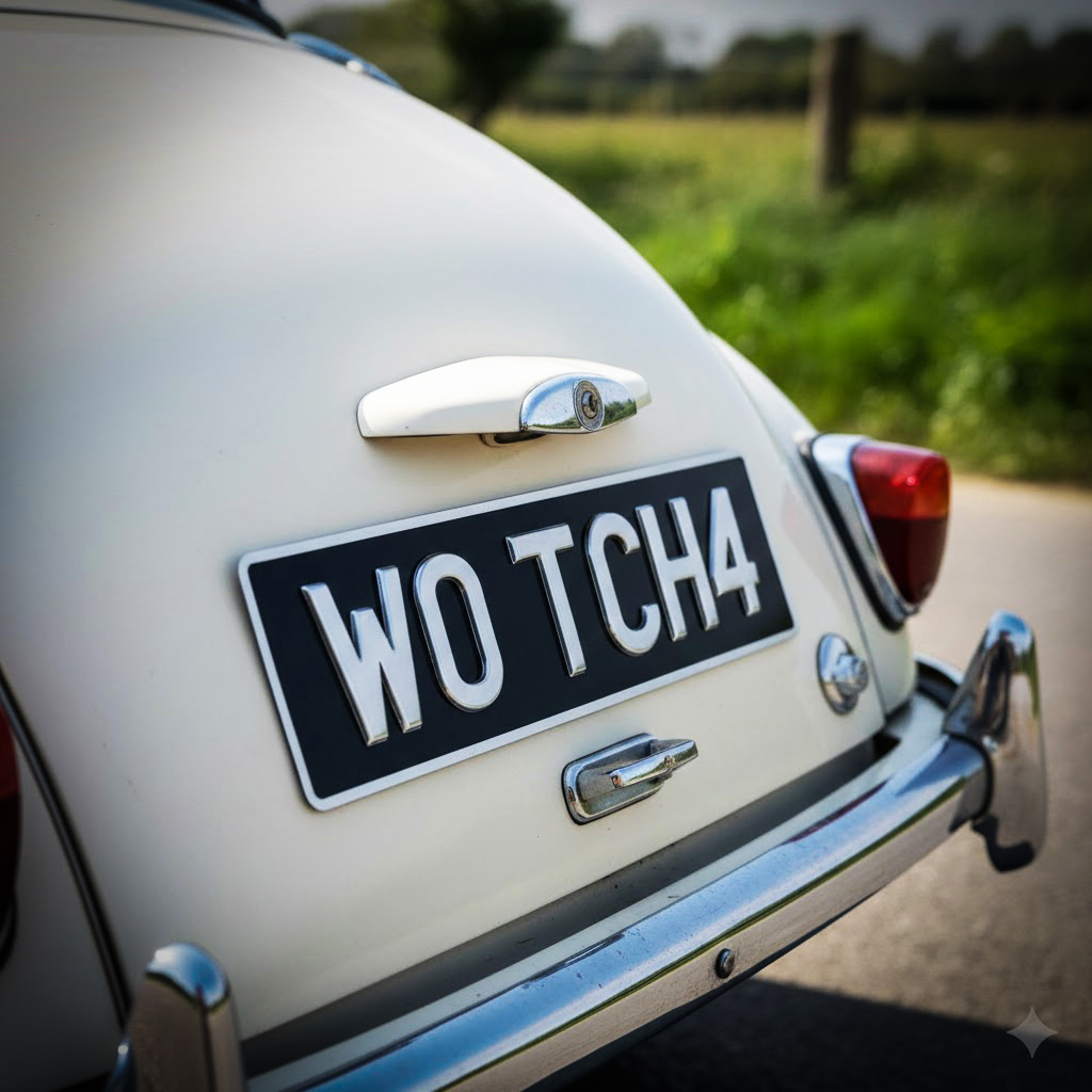 Close-up of Morris Minor's Wotcha Mate plate
