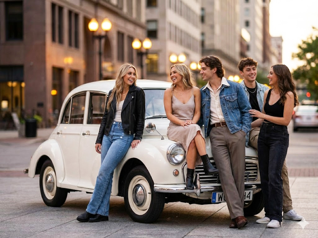 Group of five students posing with Morris Minor on Ohio college campus