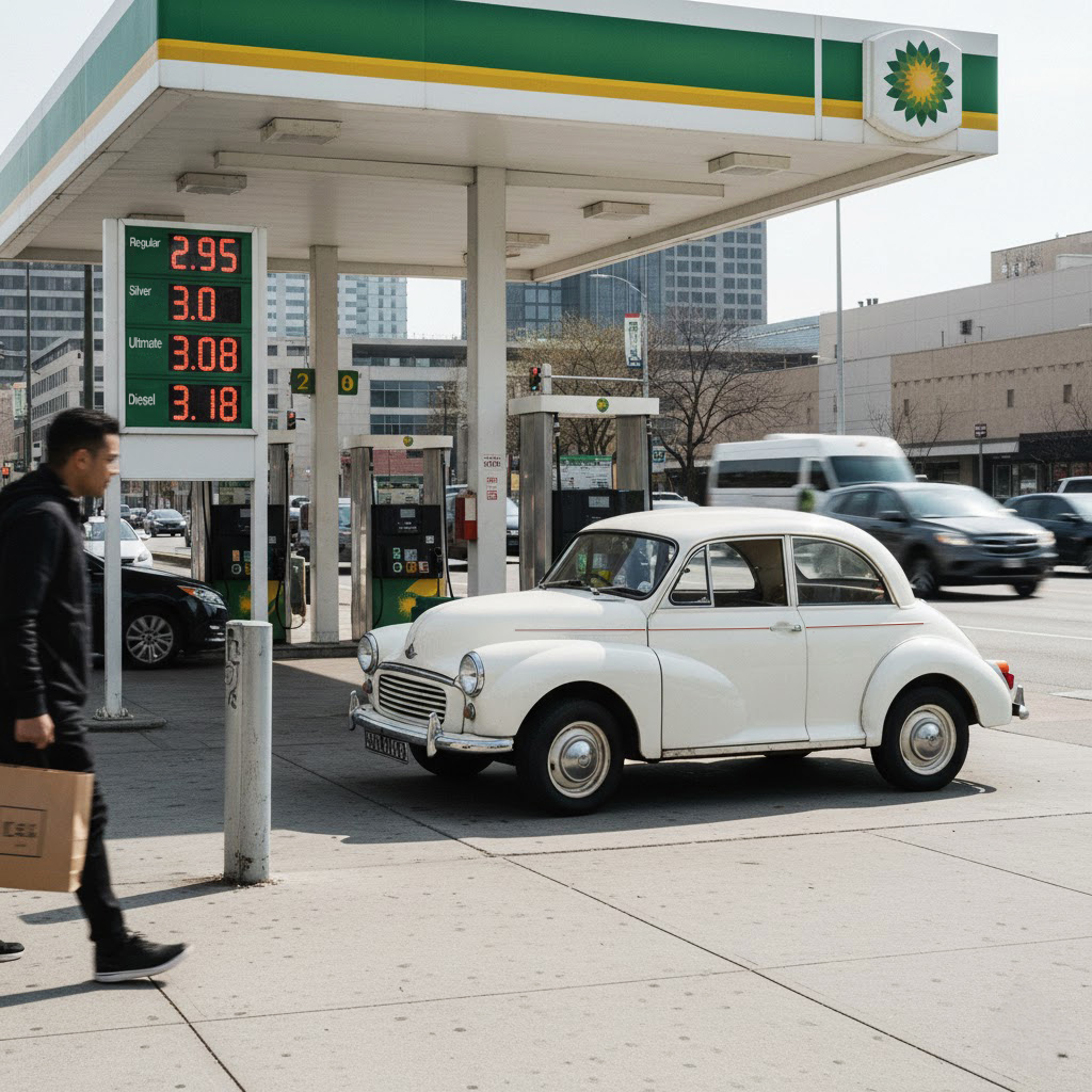 Morris Minor at Ohio BP station