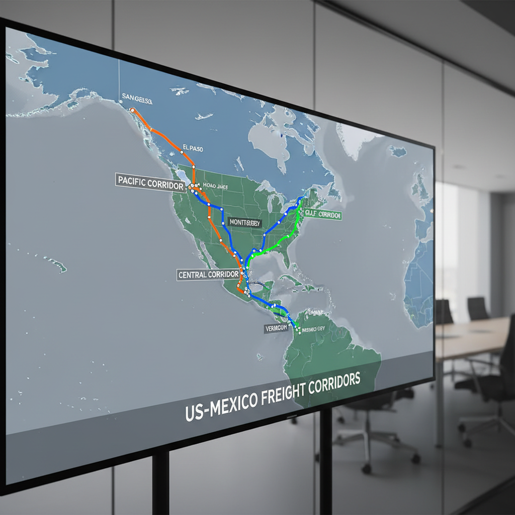 Map highlighting US-Mexico freight corridors