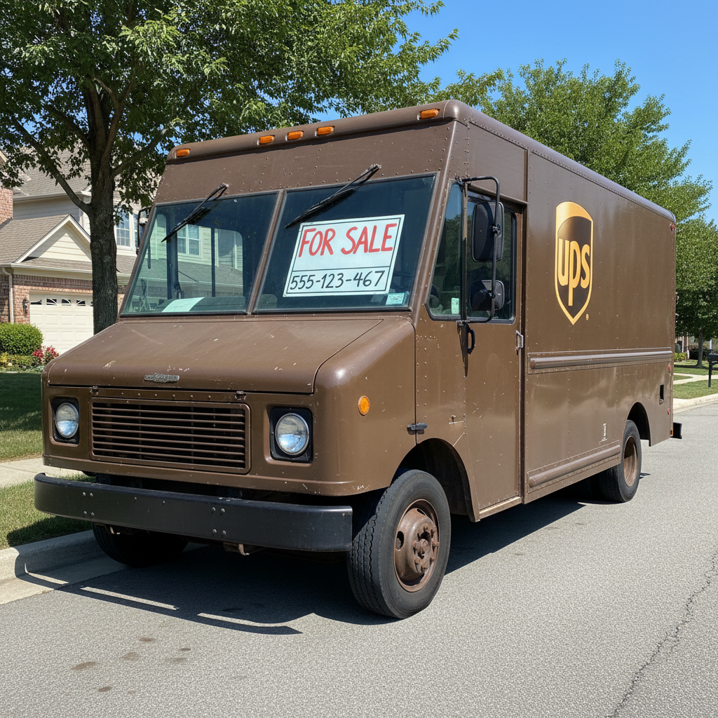 UPS delivery truck with 'For Sale' sign