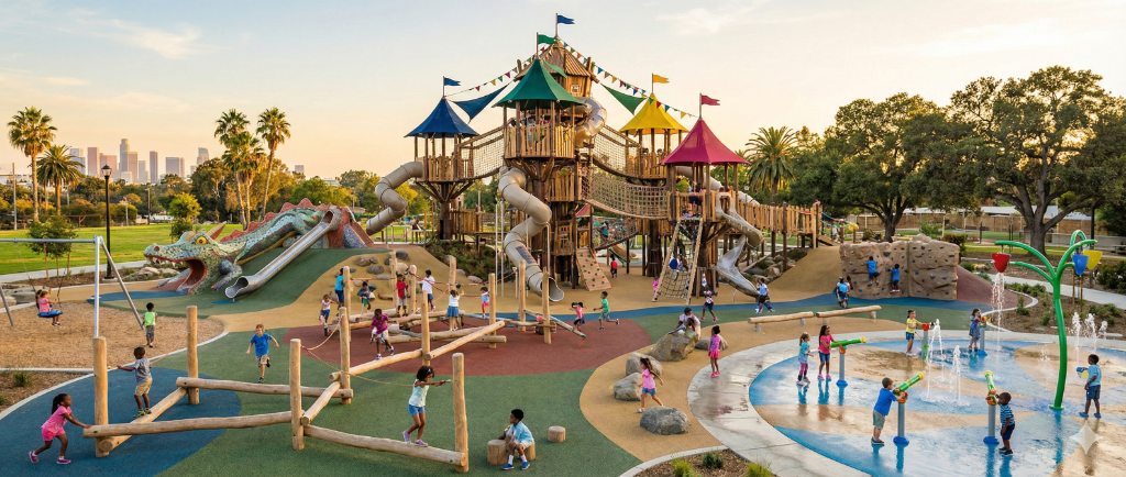 Modern playground with colorful equipment and safety surfacing in Singapore