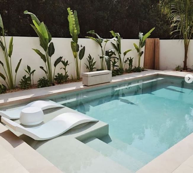 Modern pool with tropical plants and in-pool loungers