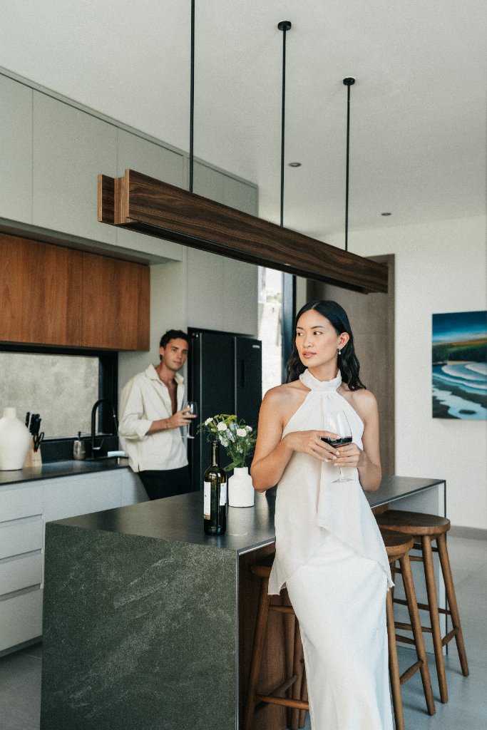 Luxury Bali villa interior with modern design, private pool and tropical garden views