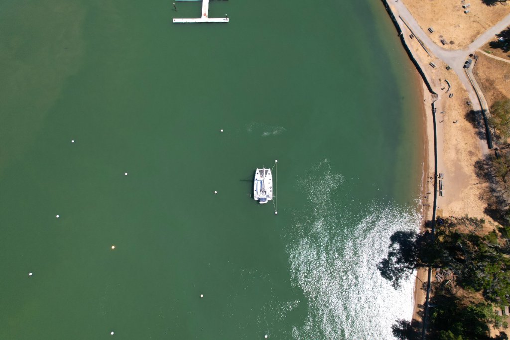 Aerial view of the Untethered catamaran on San Francisco Bay