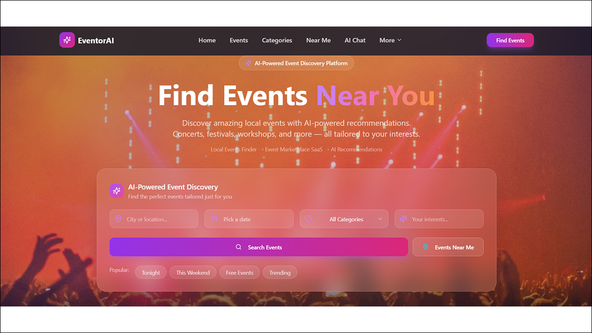 EventorAI — Local events discovery platform template preview