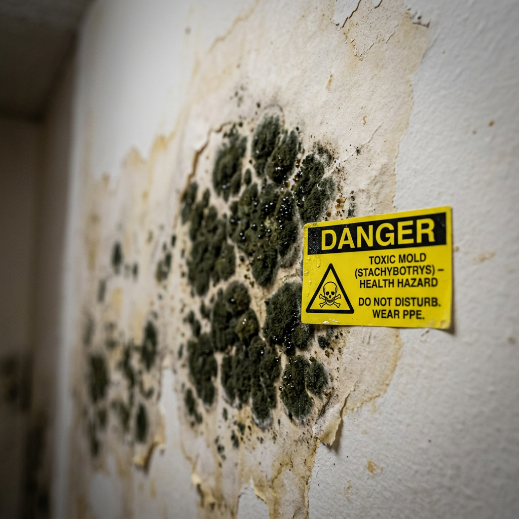 Black mold Stachybotrys chartarum growing on wall in Coral Springs home