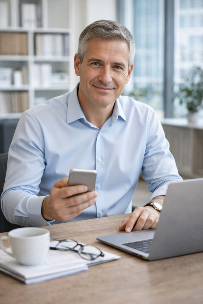 Business owner with phone