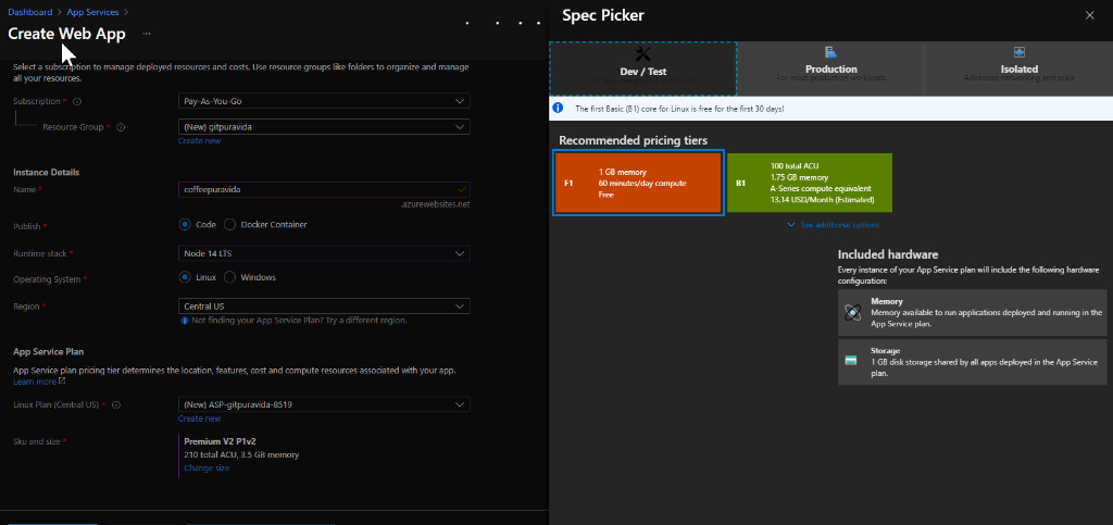 Azure Pricing Tiers - F1 Selection