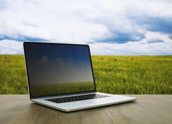 Laptop en paisaje natural