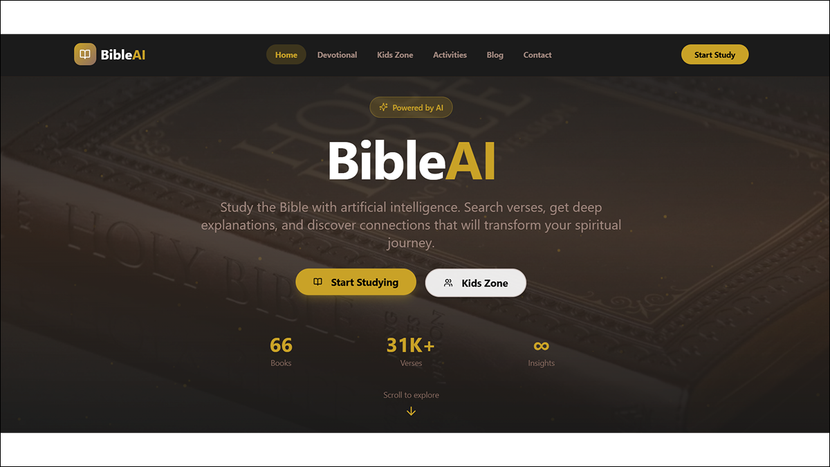 BibleAI — AI Bible Study, Devotional & Kids Learning Platform template preview